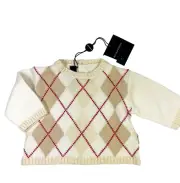 Burberry baby argyle sweater 1M button back red beige cotton cashmere TAG gift C