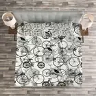 Sketchy Quilted Bedspread & Pillow Shams Set, Vintage Retro Bicycle Print