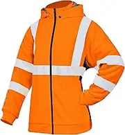 PALAMLY High Visibility Safety Sweatshirt for Women Reflective Wool Fleece Inner Hi Vis Hoodie with Detachable Hat Full Zip