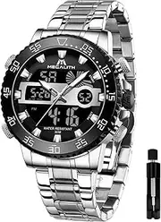 [MEGALITH] Watches for Men Military Digital: Silver Stainless Steel Waterproof Big Face - Analog Sport Chronograph Heavy Duty Stopwatch