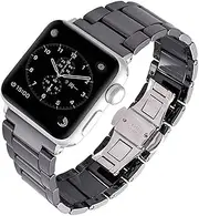 MaKTech Ceramic iWatch Band,Concave-Convex Tessellation Link Strap,Compatible with Apple Watch 10/9/Ultra 2/SE/8/7[2024] (46mm/45mm/44/49mm,Black)