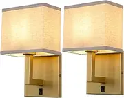 Buyee Vintage Industrial Wall Sconce Set of 2 Indoor Wall Light Fixture Nightstand Lamps with Square Linen Shade and On/Off Switch for Bedroom Bedside Reading Living Room (Antique Brass)