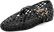 [SHOBOO] Women's Woven Mary Jane Flats - Mesh Ballet Flats with Adjustable Double Metal Buckle Strap and Round Toe