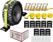 Autofonder Vehicle Wheel Chock Tie Down kit 1986lb Break Strength Ultimate Heavy Duty Trailer Tire Straps System for ATV,UTV,Lawn Mower