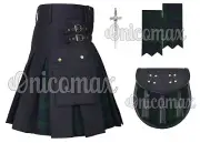 Men's Scottish Utility Black Cotton Hybrid Tartan Pleat Kilt Sporran Pin Flashes
