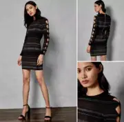 $295 Ted Baker Simona Lurex Stripe Bow Detail Dress Size 2/US 6