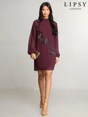 Lipsy Red Petite Long Sleeve Hand Embellished Artwork Mini Shift Dress (E22667) | $72