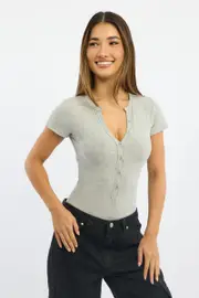 Grey Bodysuit Short Sleeve Button Front Rib - Size 16XL, Women's Bodysuit