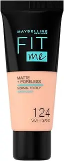 [MAYBELLINE] Fit Me Foundation, Medium Coverage, Blendable With a Matte and Poreless Finish, For Normal to Oily Skin, Shade: 124 Soft Sand, 30ml