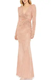 Mac Duggal Sequined Wrap Over Long Sleeve Gown in Rose at Nordstrom, Size 14