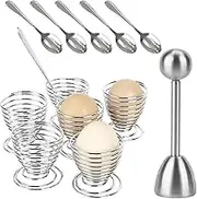 ReignSword Egg Cracker Topper Set of 13, Include 6 Egg Cups, 6 Spoons and 1 Topper Cutter, Stainless Steel Shell Remover Separator, Spring Egg Opener Egg Tray Set, Household Elastic Egg Opener