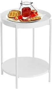 Round Side Table 2-Tier Black Sofa Table Small Tray Metal End Table Foldable Accent Coffee Table for Small Spaces Bedroom Patio Coffee Round Table Bedside End Table with Detachable Tray Top