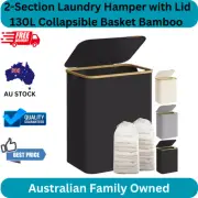 2-Section Laundry Hamper with Lid 130L Collapsible Basket Bamboo Handles Mesh Li