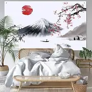Japanese Wall Hanging Photo Banner - Asian Mount Fuji Red Sun Backdrop Landscape Nature Background for Party Wall Home Decorations, 72.8 x 43.3 Inch