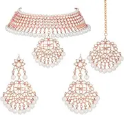 [Aheli] Rose Gold Plated Kundan & Beads Studded Necklace Earrings Maangtikka Set Ethnic Jewellery for Women, One Size, Metal, No Gemstone