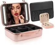 Makeup Travel Lighted Case with Large LED Light Mirror Coetic Bag Organizer Professional Adjustable Divider Storage, Waterproof Portable Make up Train Box Accessories And Tools Case,