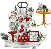Christmas Tiered Tray Decorations | Rustic Farmhouse Wooden Serving Tray,Exquisite Table Centerpieces Wood Sign Tiered Tray for Fireplace Bedroom