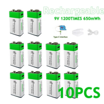 10 PCS 9V Li-ion USB Rechargeable Battery 650mWh Battery Pack Fast Charge Type C