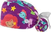 [WOSHJIUK] Working Hat 2 Pack Scrub Caps for Women,Dolphin Jellyfish Crab Mermaid,Tie Back Cap Adjustable Scrub Hat