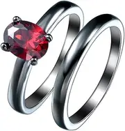 [Bigood] 2pcs Red Crystal CZ 18K Stainless Steel Wedding Solitaire Ring Jewelry