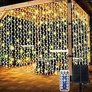 Leona Co Solar Curtain Lights Outdoor, 3x3m, 200 LED, Solar String Lights for Pool Glass Fence Handrail Railing Eaves Wall Pavilion Wedding Arch Decoration-Waterproof (Warm White)