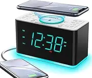 Alarm Clock Radio, 15W Ultra Fast Wireless Phone Charger with Bluetooth, Two Charging Ports, Dual Alarm, Sleep Timer, Snooze, Dimmer, FM Radio,Cyan LED Night Light &1.4" Display iTOMA CKS207