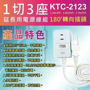 【BC博銓科技】KTC-2123-4 2孔1切3座 延長線4尺/6尺/9尺(MIT台灣製造180°平貼插頭 過載保護)