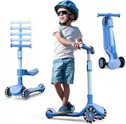 2-in-1 Adjustable Kick Scooter for Kids 3-12 Years,5-Level Handlebar & Removable Seat,LED Light-Up Wheels,Steering Control & Wide Deck,Foldable Design for Indoor/Outdoor Use, (Girls & Boys)