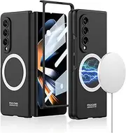 Wireless Magnet Ring Phone Case for Samsung Galaxy Z Fold 4, Ultrathin Folding Shell for Z Fold4, Anti-Fall Cover with Tempered Glass Film