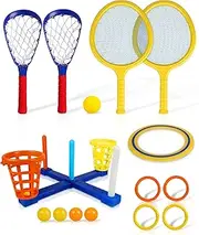5-in-1 Outdoor Game Set – Ring Toss, Rackets, Scoop Ball, Flying Disc, and Basket Toss – Backyard and Party Sports Toy Kit for Active Group Play