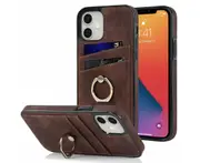 Full Protection Cover for iPhone 12 Mini, 2 Cards PU Leather Case with Ring Holder - Brown