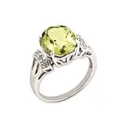 Sterling Silver RH-plated Oval Checker-Cut Lemon Quartz u0026 Diamond Gemstone Birthstone Ring Fine Jewelry Gift for Her