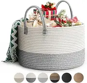 Rieeyrslza Woven Cotton Rope Laundry Basket 40 x 25cm Woven Clothes Storage Basket 32L Decorative Cotton Rope Blanket Basket Collapsible Laundry Hamper with Handle, for Laundry Room(Grey)