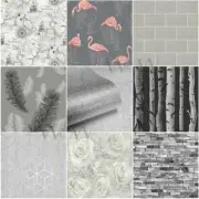 GREY SILVER WALLPAPER PATTERNED - STARS FLORAL FEATHERS TREES MARBLE SLATES