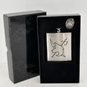 Lazer Designs Lone Wolf Flask 4.75”X3.75 Stainless Steel 6oz Funnel NIB Gift Box