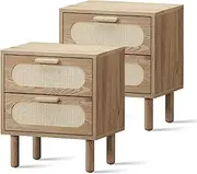 [OIKITURE] Bedside Table Storage Nightstand - Modern Double Drawer Bedside Units for Stylish Bedrooms Natural