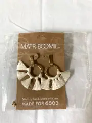MATR BOOMIE Danu Drop Dangle Creme FringeTassels Gold Hoop Earring Posts By Hand