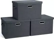 Large 17" 36 Quart Collapsible Stackable Storage Bins with Lids, 3 Packs Dark Gr