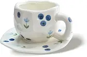 [TREEWOO] Hand Painted Blueberry Ceramic Coffee Cup and Saucer Set, 250ml/8 oz, Korean Style, Hand Pinched Irregular Cappuccino Latte Tea Cup