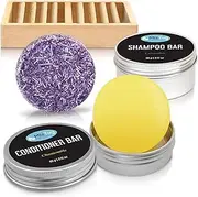 Shampoo and Conditioner Bars with Natural Vegan Ingredients - Phthalate-Free, Paraben-Free - Holder and Travel Tins Included