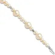 [JewelryWeb] 14k White Gold Polished Pearl clasp 8.5 9mm Freshwater Cultured-Pearl With Mirror Bead Bracelet Link-Bracelet for Women