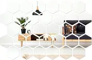 Shappy 32 Pcs Hexagon Mirror Wall Stickers Removable Silver Acrylic Mirror Stickers Honeycomb Decals for DIY Home Art Bedroom Living Room Wall Decoration(12.6 x 11 x 6.3 cm)