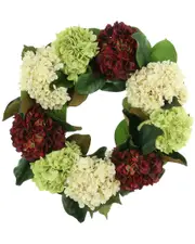 Creative Displays 24in Burgundy, Green and Cream Hydrangea Magnolia Wreath