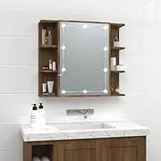 LED Light Mirror Cabinet with USB Charging, Wall Mounted Brown Oak, 70x16.5x60 cm, Bathroom & Vanity Organizer