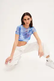Blue Abstract Landscape Print Mesh Short Sleeve Top - Size L, Women's Top
