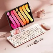 Wireless Keyboard and Mouse Combo with Phone Tablet Holder, Rechargeable Dual-Mode (Bluetooth 5.0 and 3.0 +2.4G) Multi-Device Silent Mouse for Windows, iPad, Tablet, MacOS,iOS,Android (Pink+White)