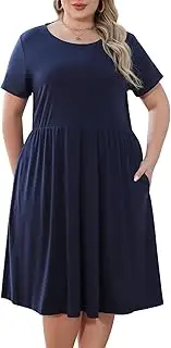 [Nemidor] Women's Round Neck Summer Casual Plus Size Fit and Flare Midi Dress with Pocket (26, Navy)