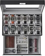 Moslyn 12-Slot Watch Box Lockable Watch Case with Glass Lid 2 Layers with 1 Drawer for Jewelry Black Synthetic Leather for for Men Women, Child Husband Dad