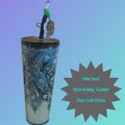 NEW 2024 Starbucks Blue Peacock Feathers Tumbler With Straw Topper 24oz Cold Cup
