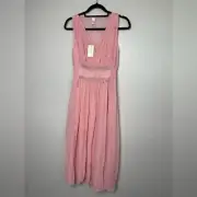 Sundance NWT Pink GRACELAND Maxi DRESS Metallic Stitch Smock Waist Fit Flare S